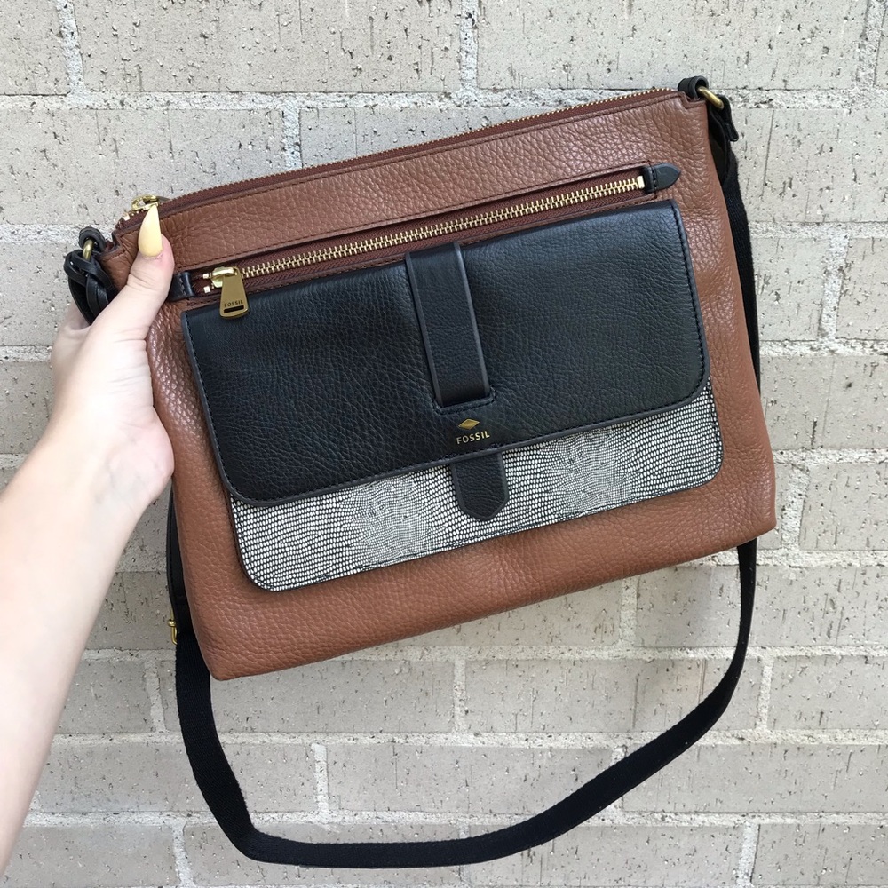 Fossil brown colorblock leather shoulder satchel - Picture 2 of 8